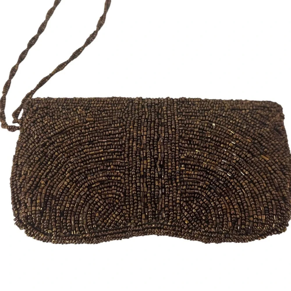 Vintage Bronze Beaded Evening Clutch Bag Rhinestone Art‎ Deco Small  Bag Handbag